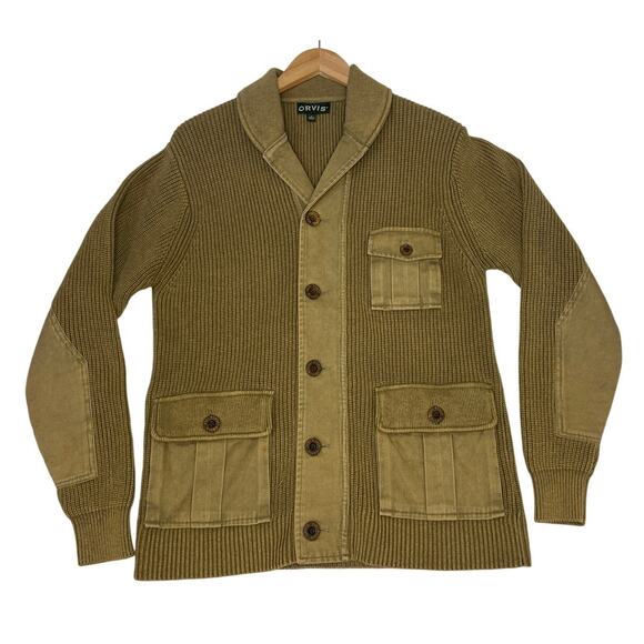 Orvis Hawker Twill Cardigan Sweater Aviator Cotton Elbow Patches sz M Academia - Picture 1 of 8